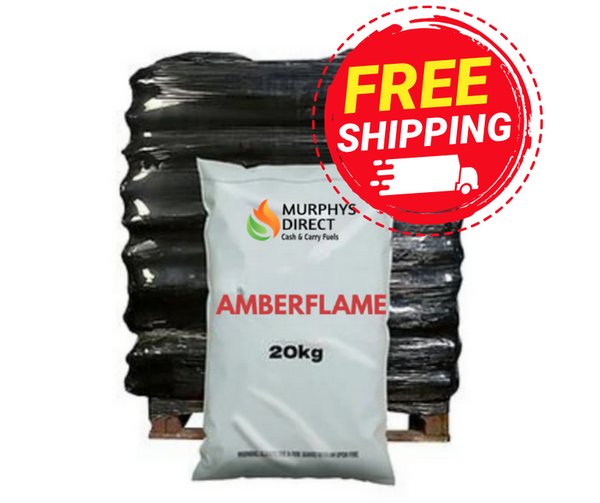 Pallet of Amberflame 20kg bags with Murphys Direct branding and free shipping offer. Murphys Direct UK