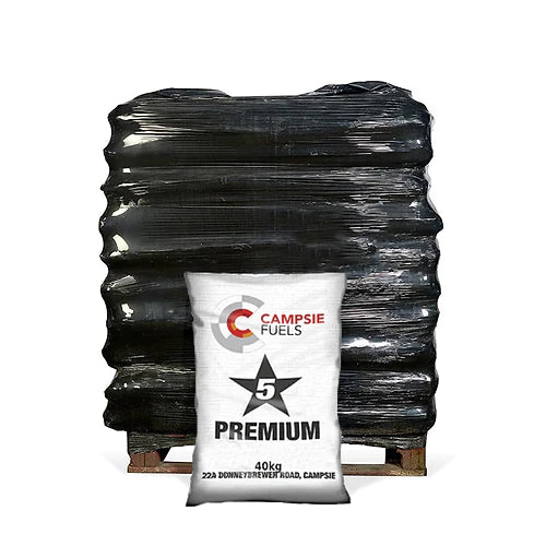 A pallet of black premium colombian coal with a label in front that reads 'Premium' delivered by Murphys Direct UK