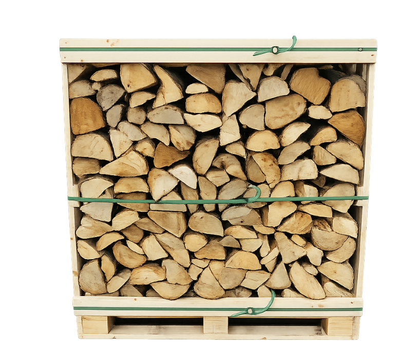 Stack of firewood in a wooden crate with Murphys Direct logo. Buy Now @murphysdirect.co.uk