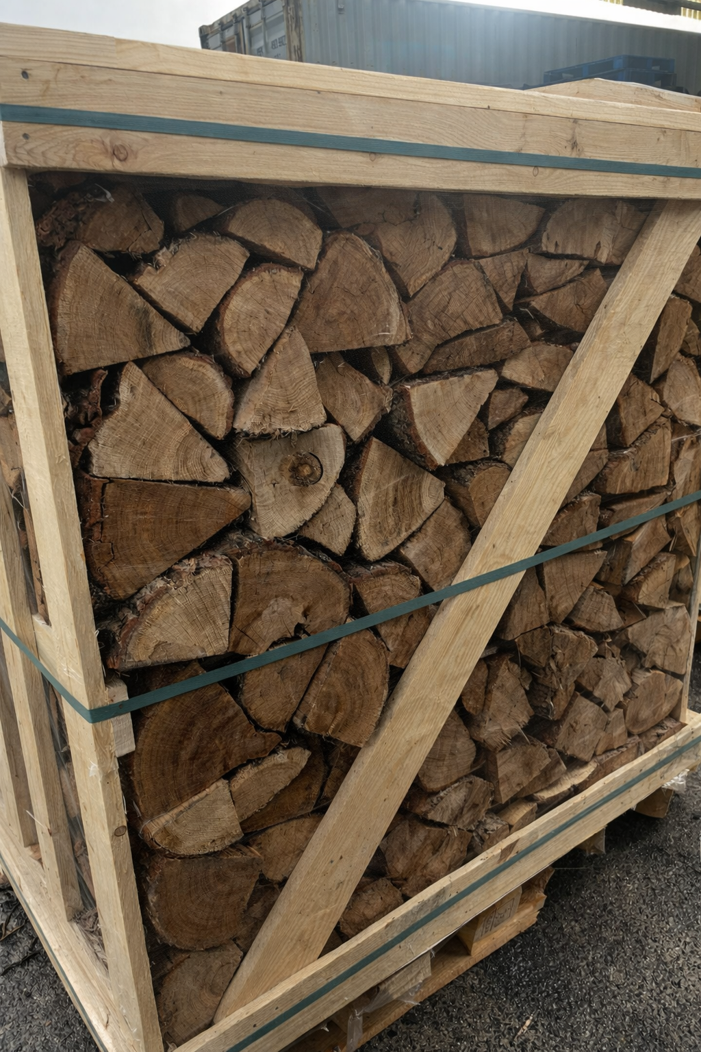 Stack of Oak firewood in a wooden crate on a concrete surface Murphys Direct UK