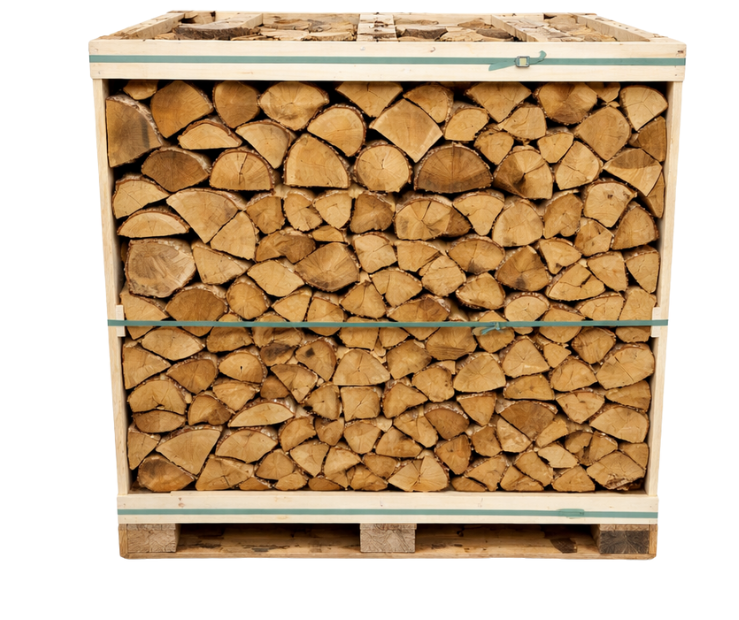 Stack of Oak firewood on a pallet with Murphys Direct logo. Buy Now @murphysdirect.co.uk
